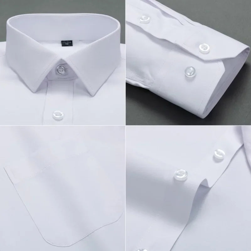 Men Classic Long Sleeve Dress Shirt Regular Pocket Fit Formal Business Work Office Casual Button White Social Shirts S-7XL