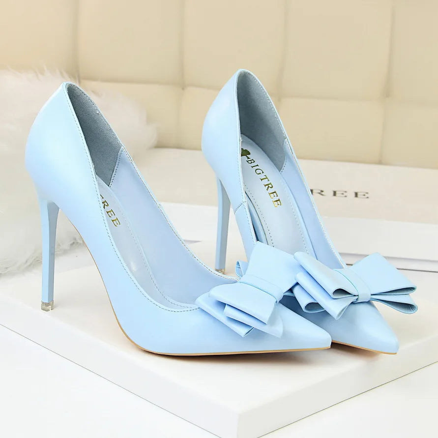 Women 10.5cm High Heels Blue Yellow Pumps Butterfly Knot Leather Stiletto Heels Lady Escarpins Wedding Party Event Shoes