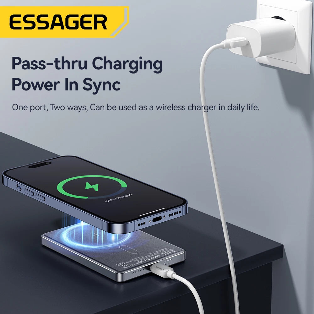 Essager Thin Wireless Power Bank Magnetic 20W 5000mAh Portable Fast Charging External Battery for Magsafe For iPhone 15 14 13 12