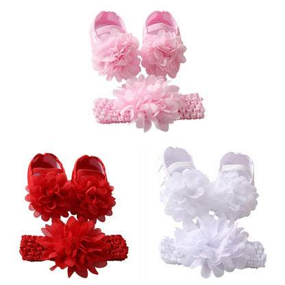 Infant Baby Girl Satin Bowknot Princess Shoes + Headband Set Soft Sole Shoes Lovely Princess Lace Non Slip Walker 0-18M