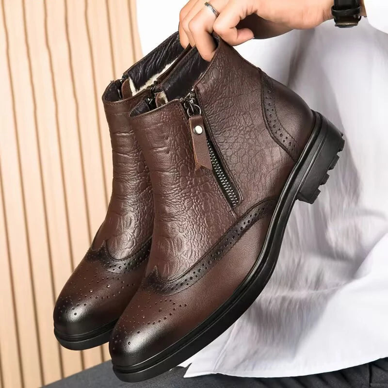 High Quality Genuine Leather Men Chelsea Boots Luxury Brand Brogue Shoes Fashion Casual Warm Plush Ankle Boots Snow Basic Boots