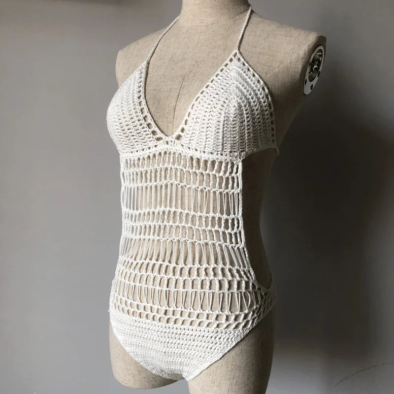 Sexy Hollow Out Cotton Crochet Swimwear, Women One Piece Swimsuit, Female Halter Knit Bodysuits Monokini Beach Bathing Suit