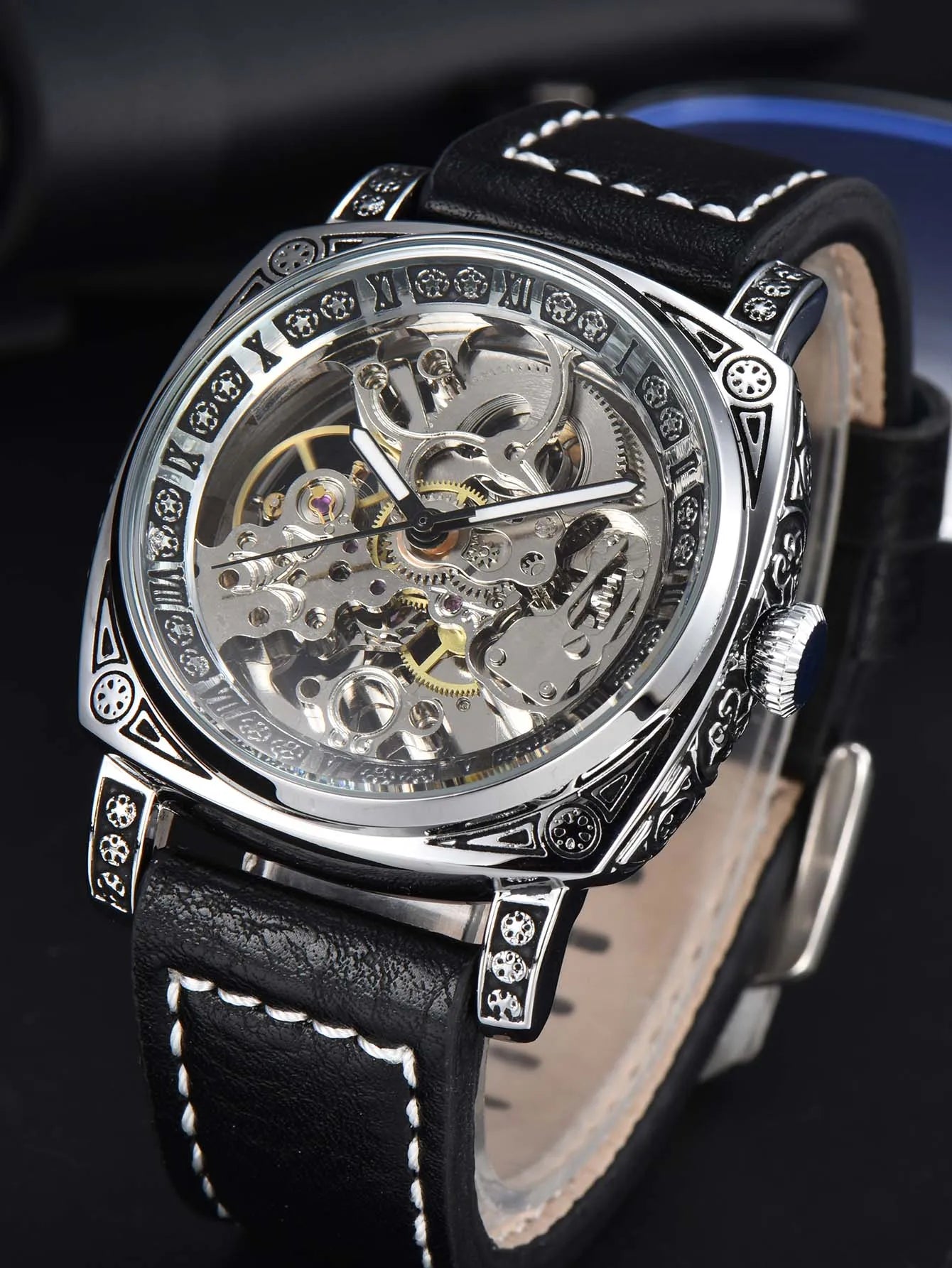 LONGLUX automatic watch retro style mechanical wristwatches skeleton carve waterproof leather mens watch