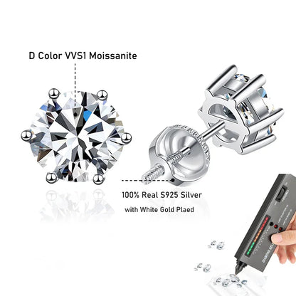 Tezzc 1ct 2ct Moissanite Earrings Studs for Women Men Screw Ear Stud 925 Silver With White Gold Plated Earring Fine Jewelry