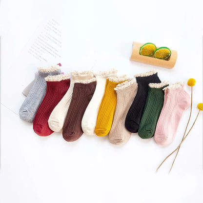 3 Pairs Fashion Lace Ruffles Soft Cotton Women Socks Solid Spring Summer Cute Sweet Princess Girl Cozy Lovely Frilled Socks