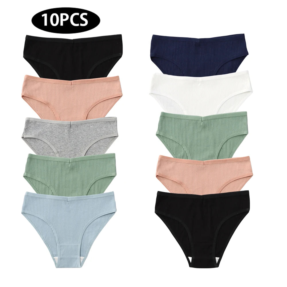 10Pcs/Pack 100% Cotton Women's Panties Comfortable Sexy Underwear Solid Color Stripe Briefs Simple Sports Underpants