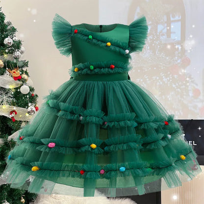 Christmas Girls' New Bow Polka Dot Applique Mesh Fly Sleeve Princess Dress School Party Fashionable Solid Color Evening Dress