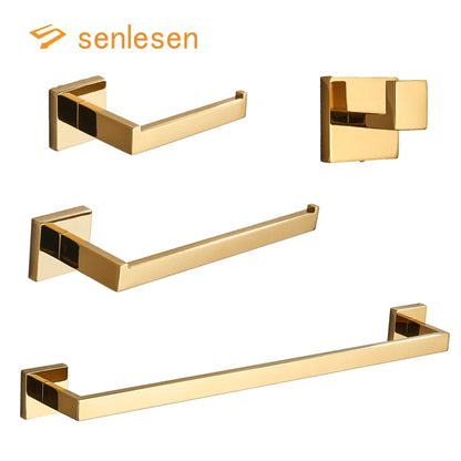 Senlesen Golden Bathroom Accessories Sets 4pcs Wall Mount Towel Bar Robe Hooks Toilet Paper Roll Holder Stainless Steel Hardware