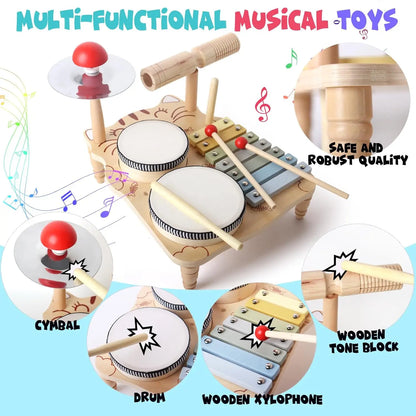 Wooden Xylophone Drum Set For Toddlers,Montessori Baby Musical Instruments Toys, Drum Set Percussion Instruments Musical Toys