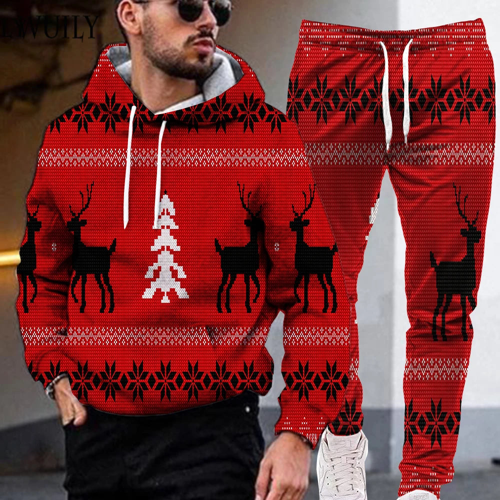 Red Xmas New Year Christmas Hooded For Men Men's Sweatshirt Sweatpants 3D Print Casual Holiday Hip Hop Clothes For Man Clothing