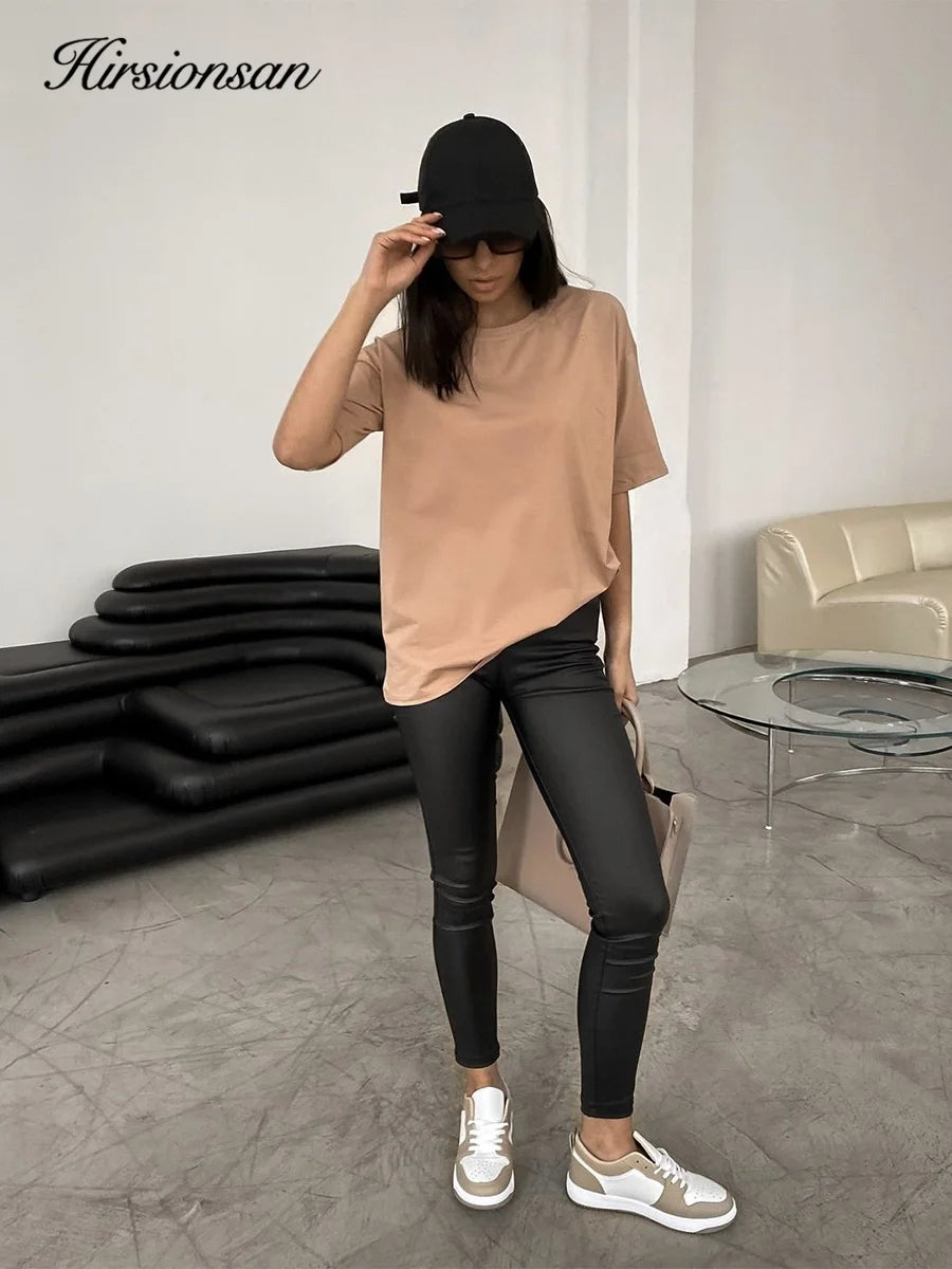 Hirsionsan 100% Cotton T Shirt Women Summer New Oversized Solid Tees Casual Basic Loose Tshirt Chic O Neck Female Tops