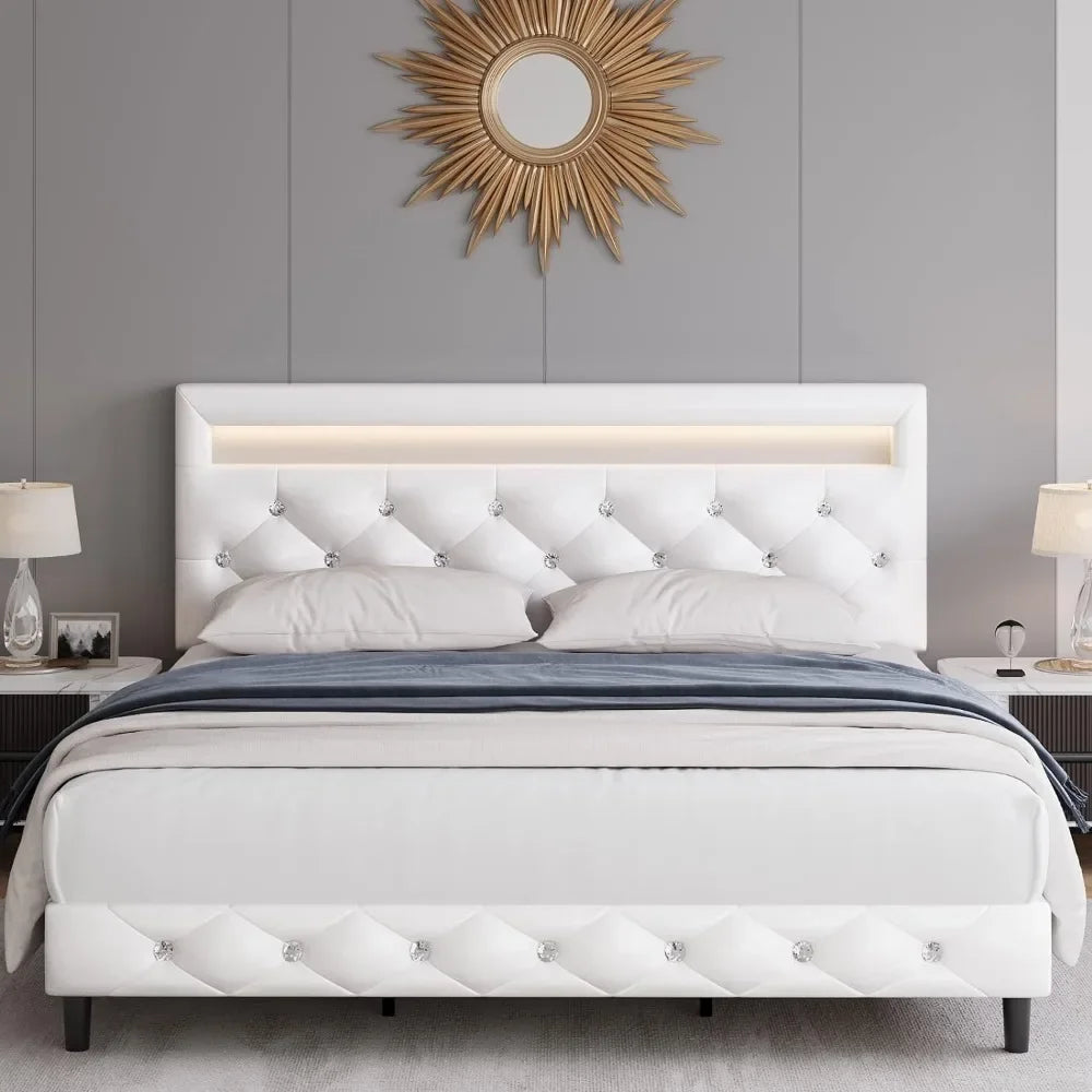 Full Size Platform Bed with LED Lights, Adjustable Tufted Headboard, Wood Slats - White