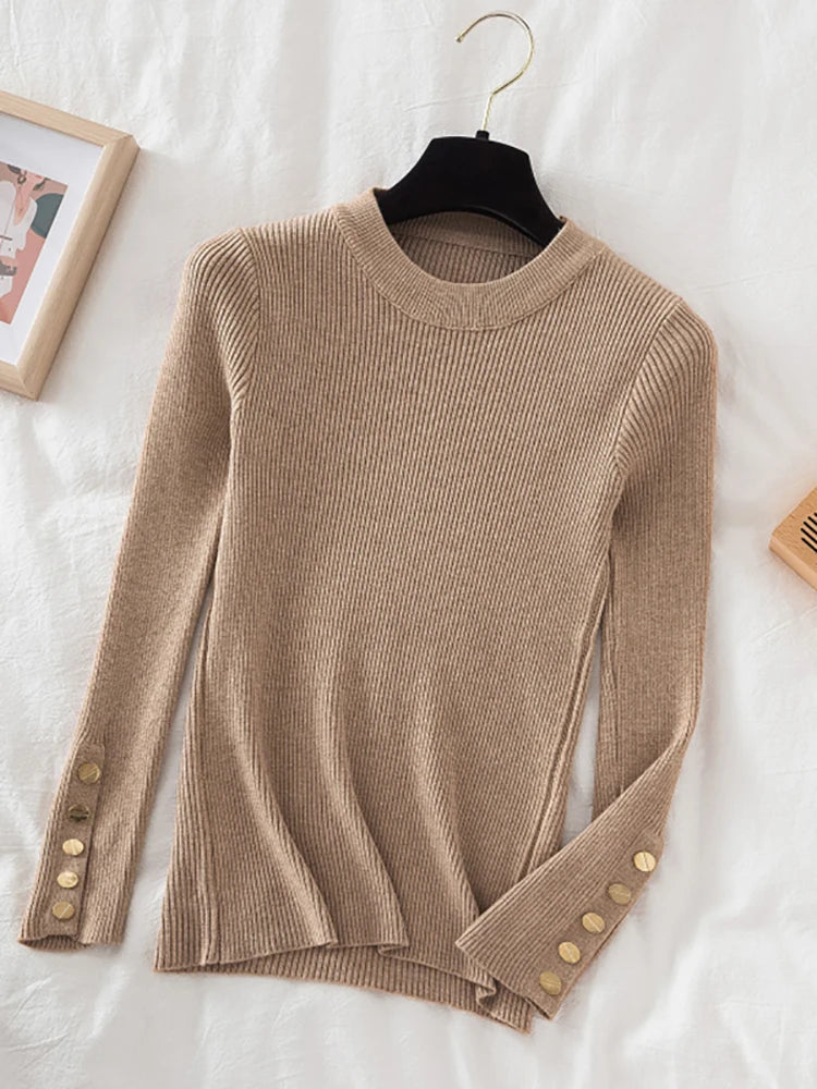 2024 women thick sweater pullovers khaki casual autumn winter button o-neck chic sweater female slim knit top soft jumper tops