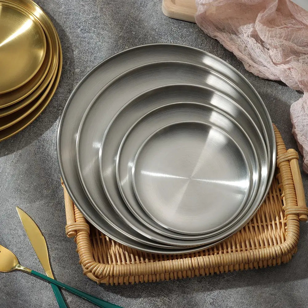 14/17/20/23/26CM Stainless Steel Bone Spitting Dish Gold Silver Shallow Tray Round Plate Metal Dining Disc Dessert Tableware