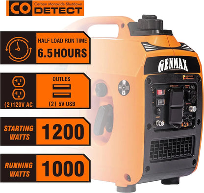 Portable Generator 1200W Ultra-Quiet Gas Engine EPA Compliant Eco-Mode Feature Ultra Lightweight for Backup Home Use & Camping