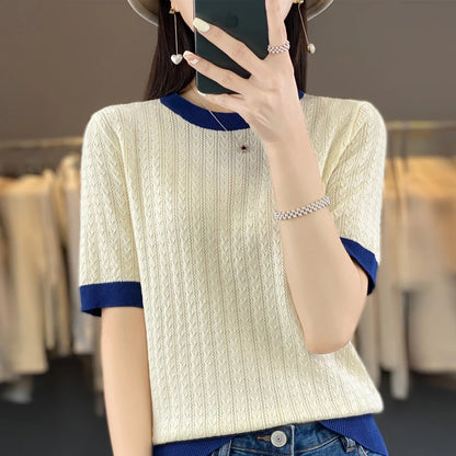 Summer New Women Cool Silk Short-sleeved Tees O-Neck Fashion Color Matching Twists T-shirt Loose Half-sleeved All-match Top