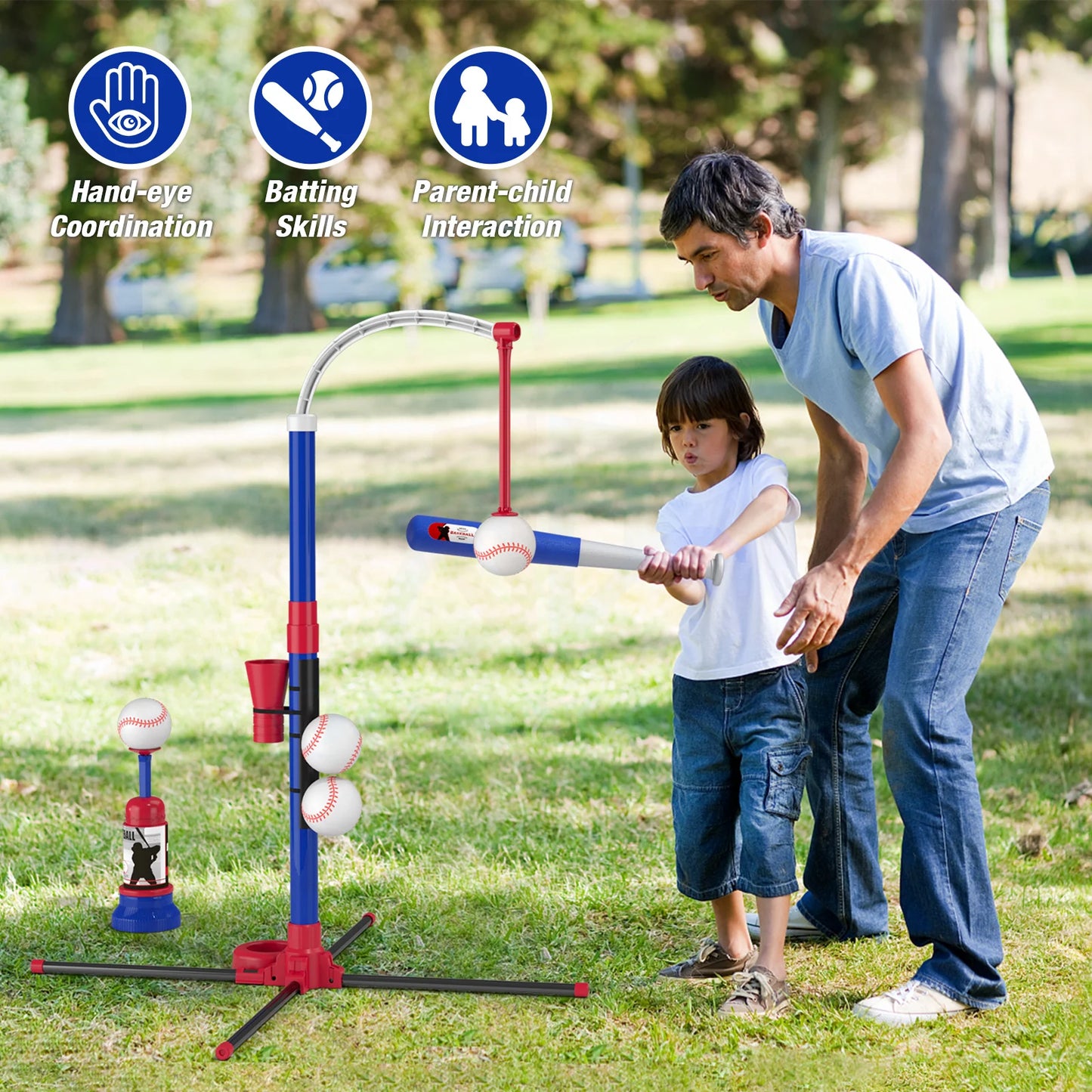 3 in 1 T Ball Set for Kids Baseball with Hanging Tee/Standing Tee/Automatic Launcher/6 Softballs Indoor Outdoor Sport Gifts Toys