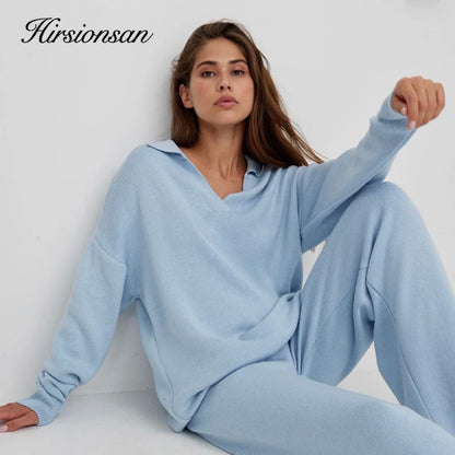 Hirsionsan Cashmere Turn Down Neck Knitted Sets Women Winter Casual Two Pieces Sweater and Pants Loose Outfits Tracksuit