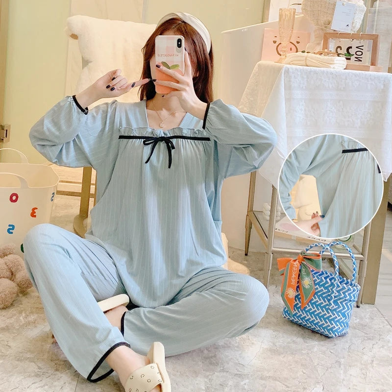 Postpartum woman lactation pajamas set autumn nursing leisurewear cartoon pregnant maternity breastfeeding tops long trousers