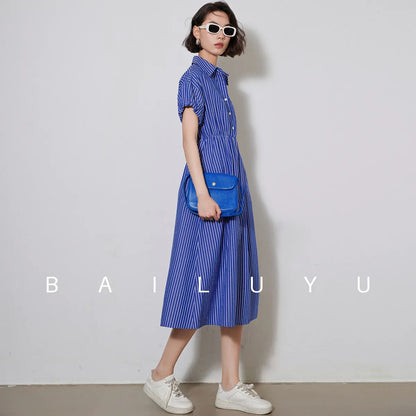 LOUIS YAO Women Shirt Style 100% Cotton Dress Summer Striped Casual Dress French Style A-line Short Sleeve Long Dress