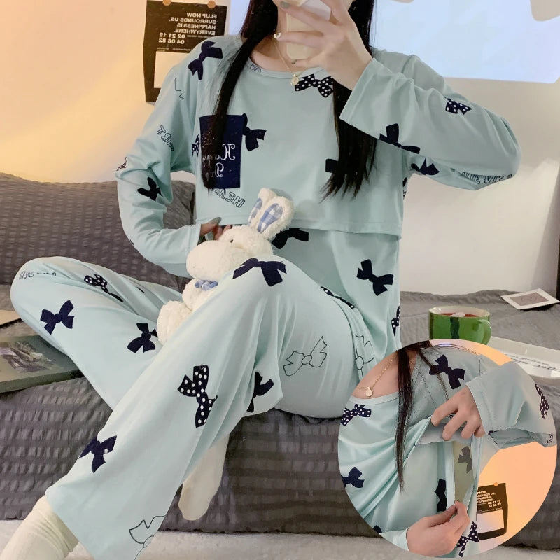 Postpartum woman lactation pajamas set autumn nursing leisurewear cartoon pregnant maternity breastfeeding tops long trousers