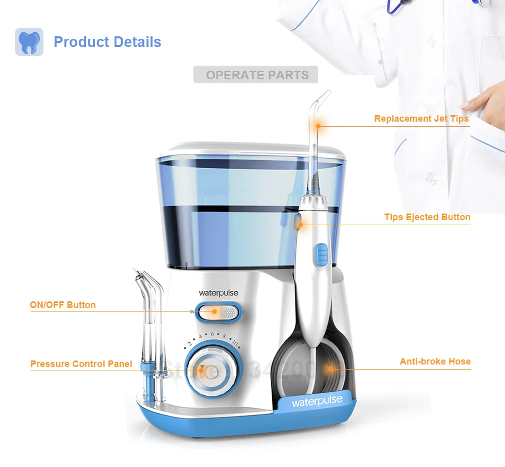 Waterpulse V300G Oral Irrigator 5pcs Tips Dental Water Flosser Electric Cleaner 800ml Oral Hygiene Dental Flosser For Oral Care