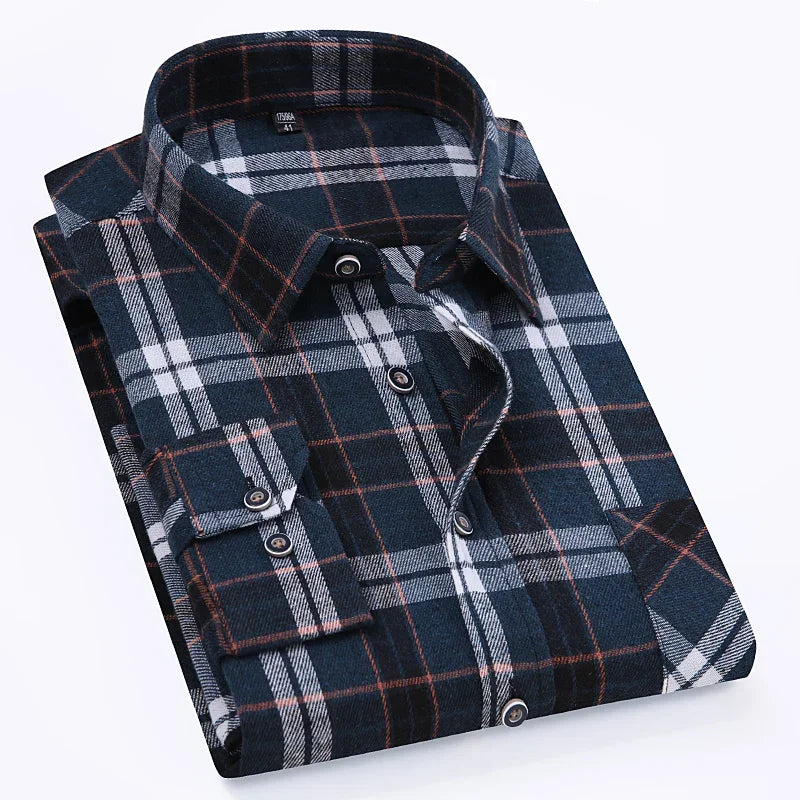 Men's 100% Pure Cotton Flannel Soft Regular-fit Long Sleeve Brushed Shirt Single Pocket Comfortable Casual Plaid Shirts S-8XL