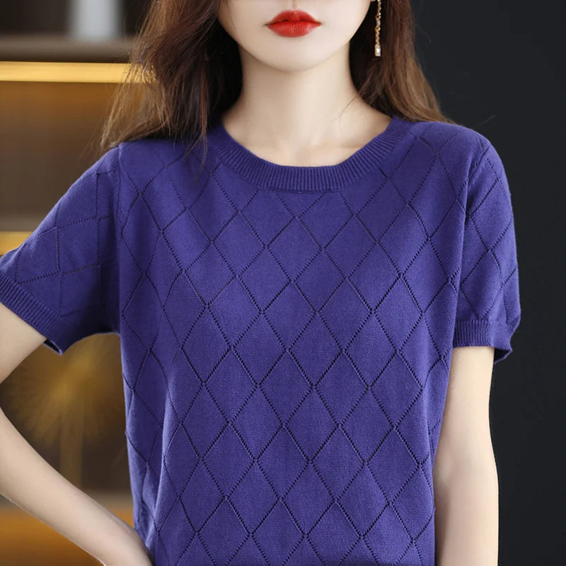 Women New Summer Short-sleeved Tees O-Neck Slim 100% Cotton Diamond Hollow Pullover T-shirt Knitted Base Casual Sweater