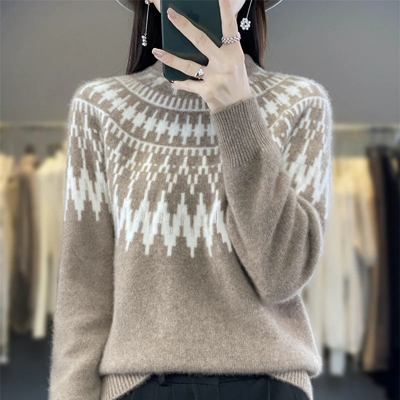 Women New Wool Blend Sweater Half-high Collar Jacquard Pullover Autumn Winter Bottoming Shirt Casual Warm Knitting Tops