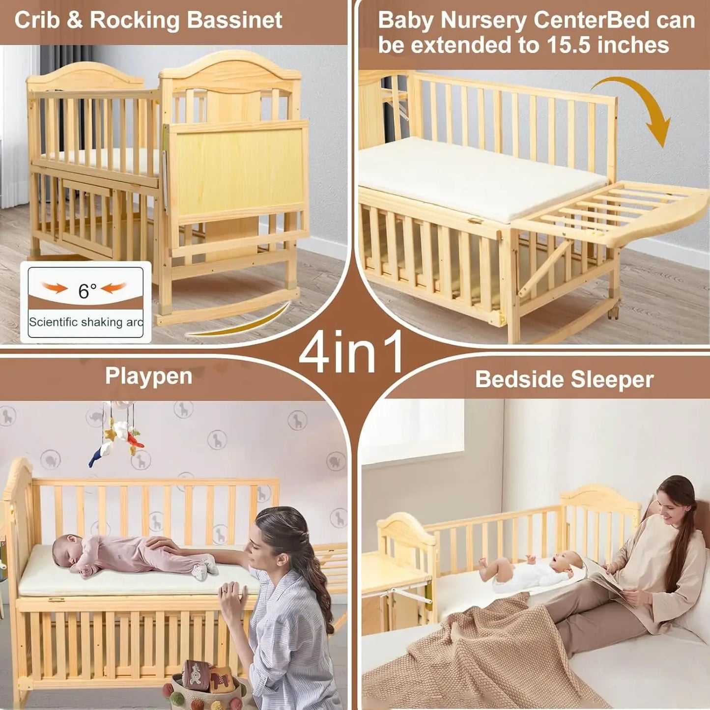 Mini Baby Cribs 4-in-1 Convertible - Cunas para Bebes with Changing Shelf and Mattress Included,2024 Wood Baby Bassinets Bedside