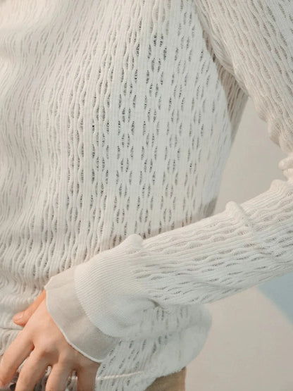 Women New Fine Wool Silk Sweater Lace Half-high Collar Hollow Out Pullover Spring Autumn Bottoming Shirt Knitting Top