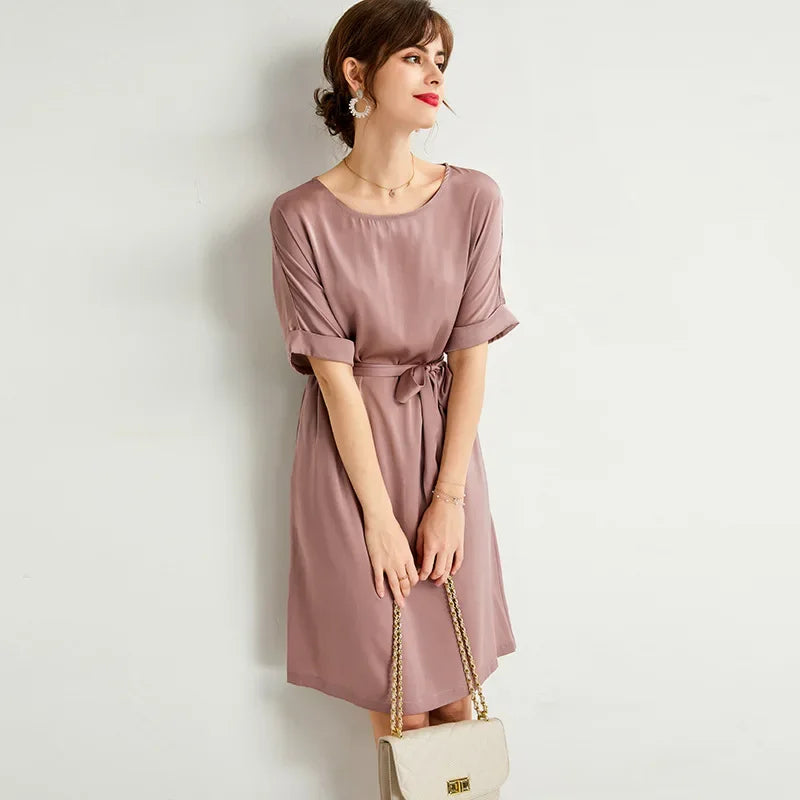 Heavy Silk Dress for Women, O-Neck, Raglan Sleeve, Loose Fit Waist, Lace Up Dress, Solid Mulberry Silk, Satin Dress, FS2308