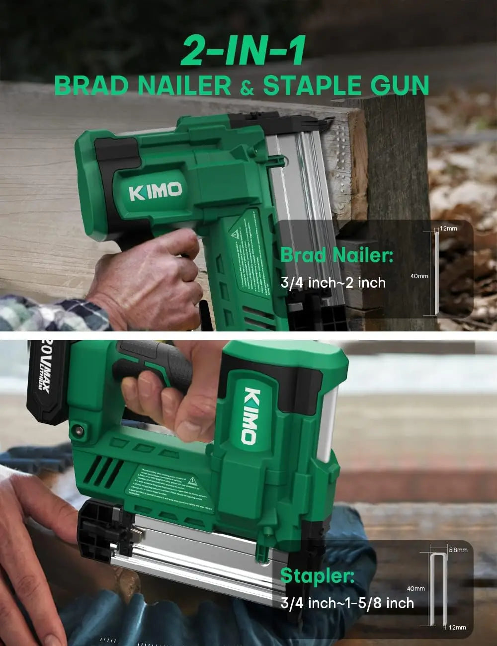 KIMO 18 Gauge Nail Gun Battery Powered w/ 2 X 2000mAh Battery, 1000pcs Nails and Staples, 2 in 1 Cordless Brad Nailer/Electric S