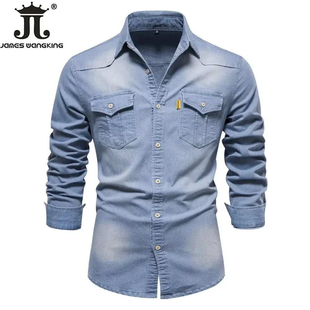 US Size S-5XL Cotton Men's Long-sleeved Washed Denim Shirt Casual All-match Button Solid Color outdoor Shirt Male