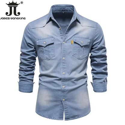 US Size S-5XL Cotton Men's Long-sleeved Washed Denim Shirt Casual All-match Button Solid Color outdoor Shirt Male