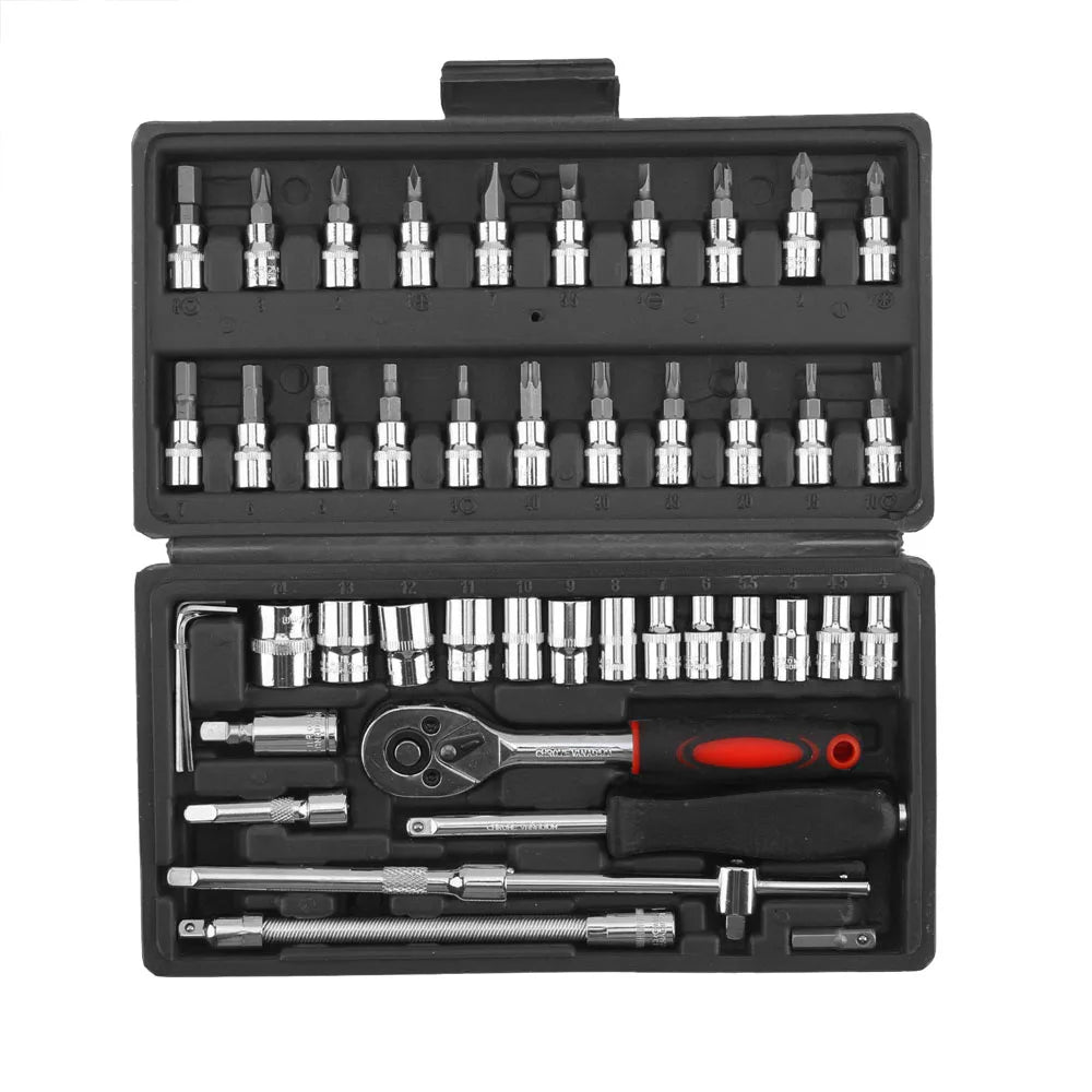 46PCS Socket Set Metric Wrench 1/4" Drive Ratchet Bit Set Wrench Torx Hex Extension Bar Ratchet Repair Hand Tool