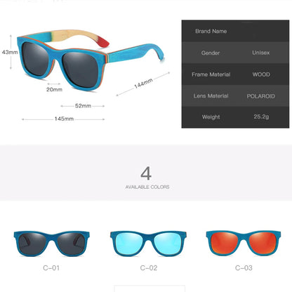 GM Skateboard Wooden Sunglasses Blue Frame With Coating Mirrored Bamboo Sunglasses UV 400 Protection Lenses in W033