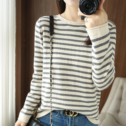 Women 100% Cotton Sweater Curled O-neck Strip Pullover Autumn Winter Casual Knit Clothing Fashion Soft Bottoming Sweater Tops