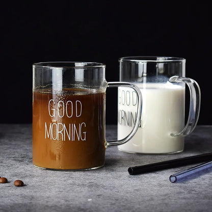 GOOD MORNING Coffee Mug Transparent Breakfast Cup Heat Resistant Glass Cup Teacup Iced Juice Water Cup Wine Beer Glass Drinkware