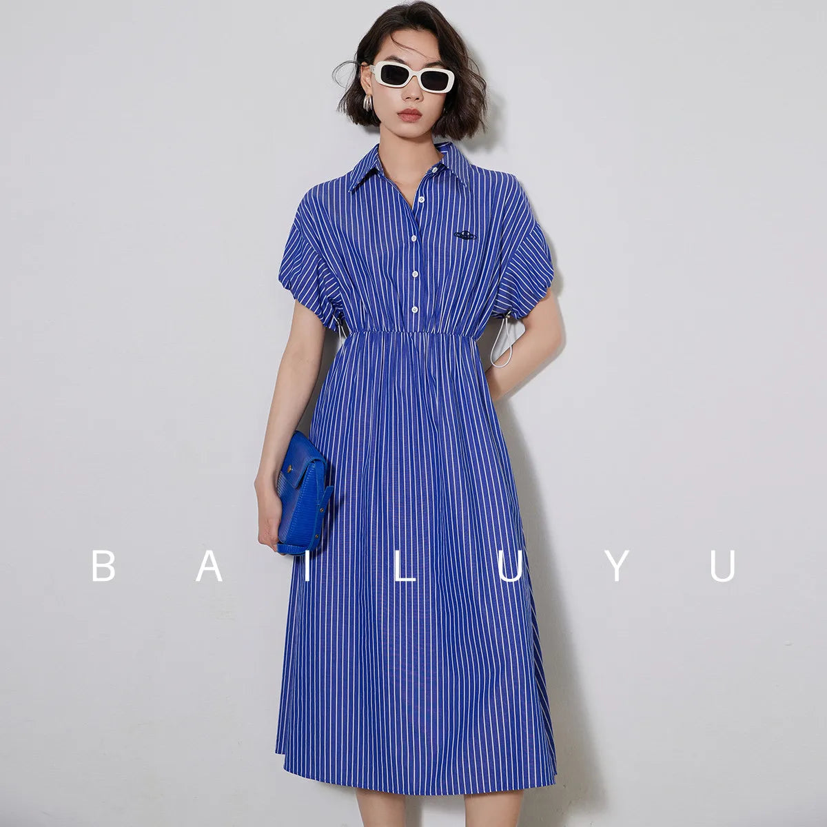 LOUIS YAO Women Shirt Style 100% Cotton Dress Summer Striped Casual Dress French Style A-line Short Sleeve Long Dress