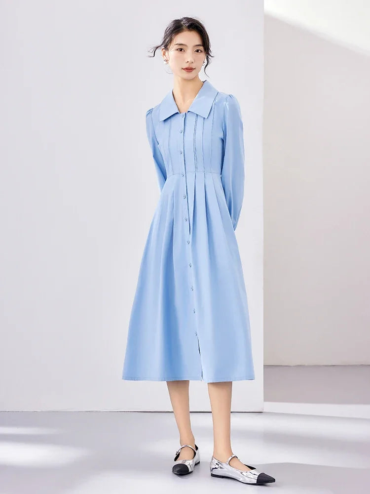 Vimly Cotton 100% Women's Blue Button Up Shirt Dresses Autumn Fashion A-line Lapel Long Sleeve Elegant Midi Dress M2917