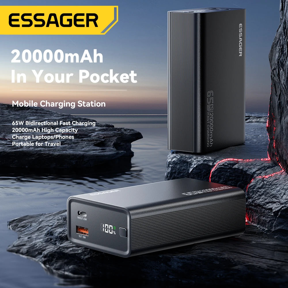 Essager Power Bank 20000mAh Portable PD 65W Fast Charging Mobile Phone External Battery Powerbank For Phone Laptop Tablet Mac