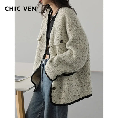 CHIC VEN Women's Woolen Coat Heavy Industry Down Jacket Vintage V-Neck Woman Down Coat Female Tops Autumn Winter 2022