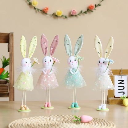 24cm Easter Flower Bunny Ornaments Pink Yellow Gauze Skirt Bunny Easter Party Decor Supplies Home Desktop Decorations Kids Gifts