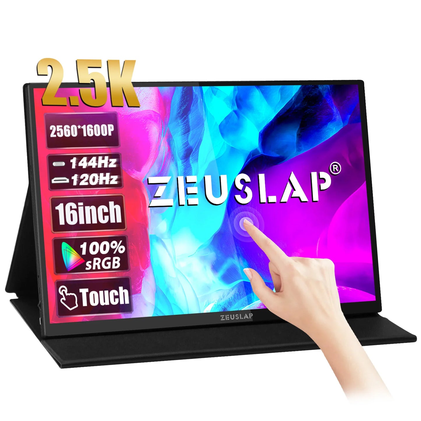 ZEUSLAP 16" 2.5K 144hz Touch Screen Portable Monitor 2560*1600 100%sRGB 500Cd/m² Travel Display for Laptop Computer