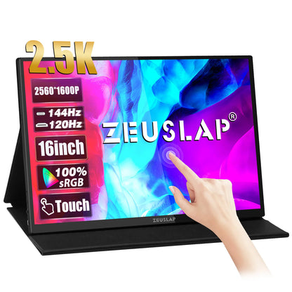 ZEUSLAP 16" 2.5K 144hz Touch Screen Portable Monitor 2560*1600 100%sRGB 500Cd/m² Travel Display for Laptop Computer