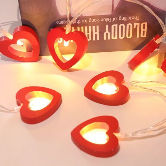 10pcs Valentine's Day Wooden Heart String Lights LED Fairy Lights Hanging wood Love Lamp Garland Valentine's Day Wedding decor