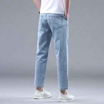 New Summer 95% Cotton Straight Thin Jeans for Men Classic Style Stretch Soft Fabric Light Blue Denim Ankle-Length Pants Male