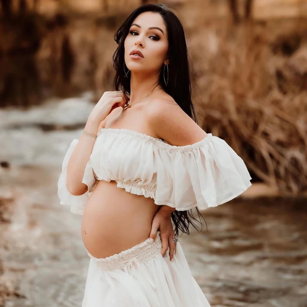 Maternity Dress For Photoshoot Pregnancy Off Shoulder Ruffled Semi Transparent Chiffon Long Dress Photography Dress For Women