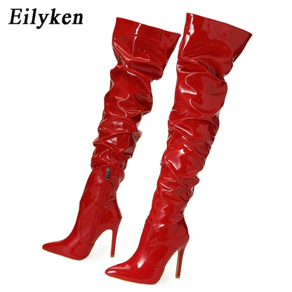 Eilyken Red Women Over The Knee Boots High Heels Patent Leather Solid Pointed Toe Stiletto Side Zipper Sapatos Femininos